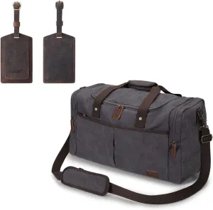 S-ZONE Canvas Duffel Bag Travel Weekend Overnight Bag with Leather Luggage Baggage Tags