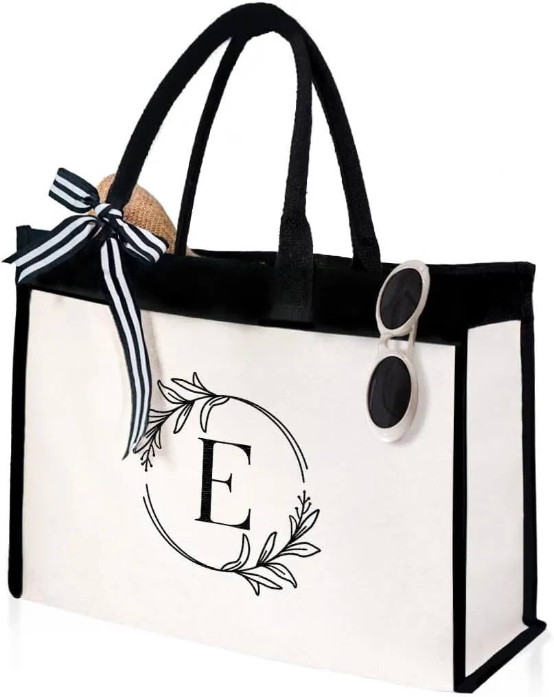 SANDJEST Monogrammed Canvas Tote Bag Embroidered Initial Beach Totes Bags Gifts for Women Friend Coworker Bridesmaid