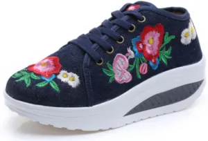 SATUKI Embroidered Shoes for Women, Chinese Style Lace-up Mid Heel Shape Ups Handmade Casual Loafer Floral Canvas Shoes