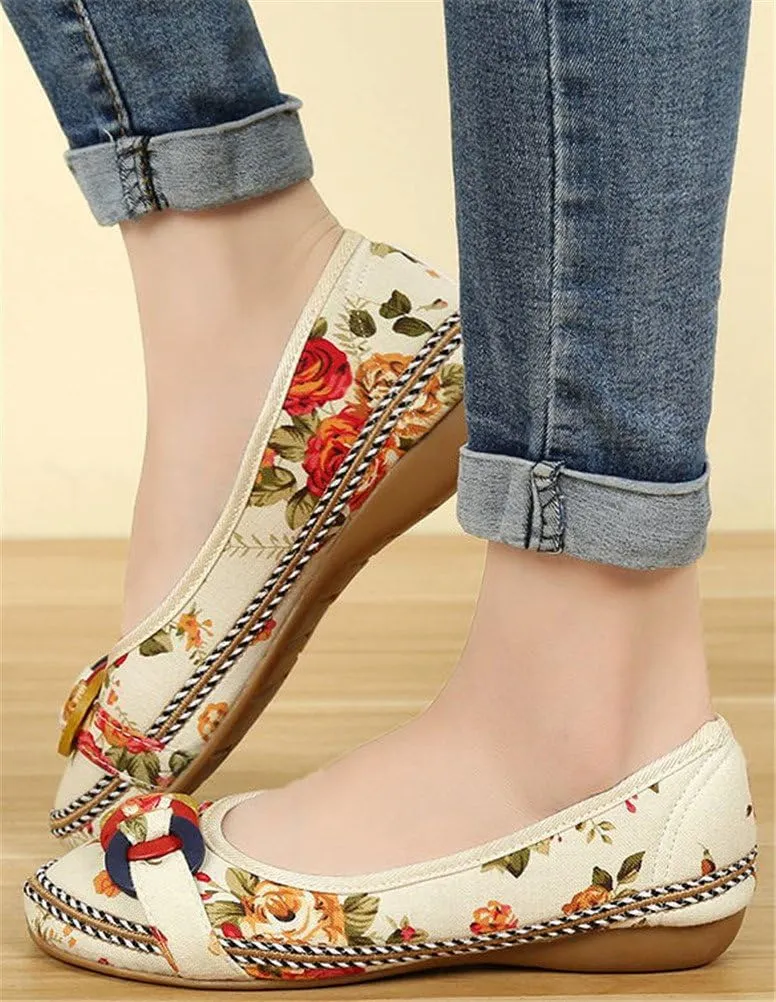 SATUKI Handmade Embroidered Shoes for Women, Casual Slip-On Loafer Flat Floral Canvas Shoes