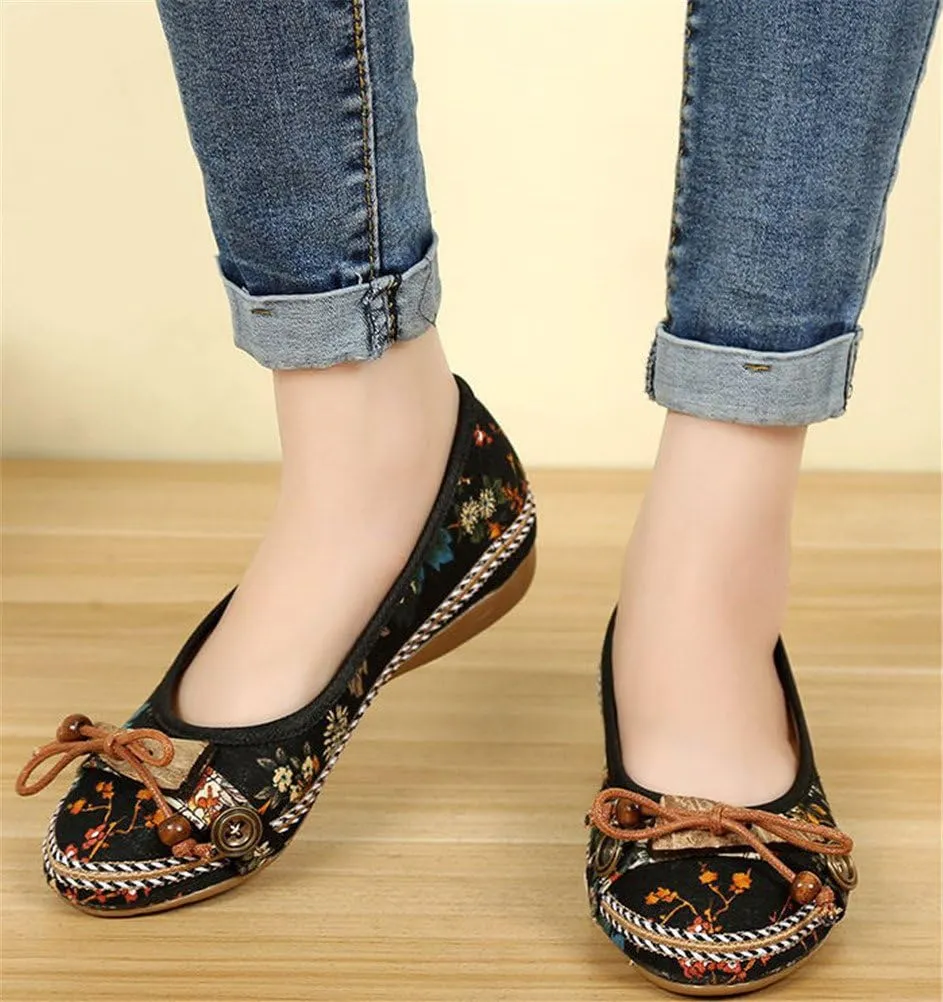 SATUKI Handmade Embroidered Shoes for Women, Slip-On Casual Loafer Flat Floral Canvas Shoes