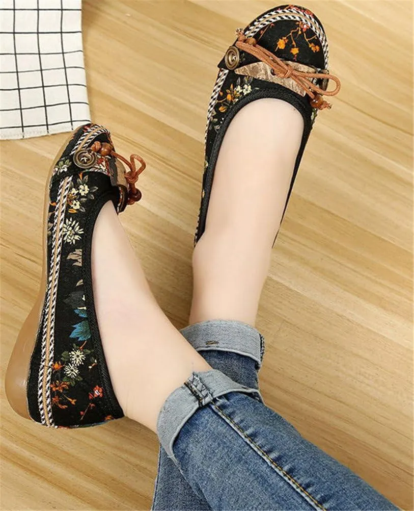 SATUKI Handmade Embroidered Shoes for Women, Slip-On Casual Loafer Flat Floral Canvas Shoes