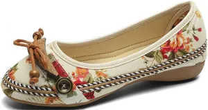 SATUKI Handmade Embroidered Shoes for Women, Slip-On Casual Loafer Flat Floral Canvas Shoes