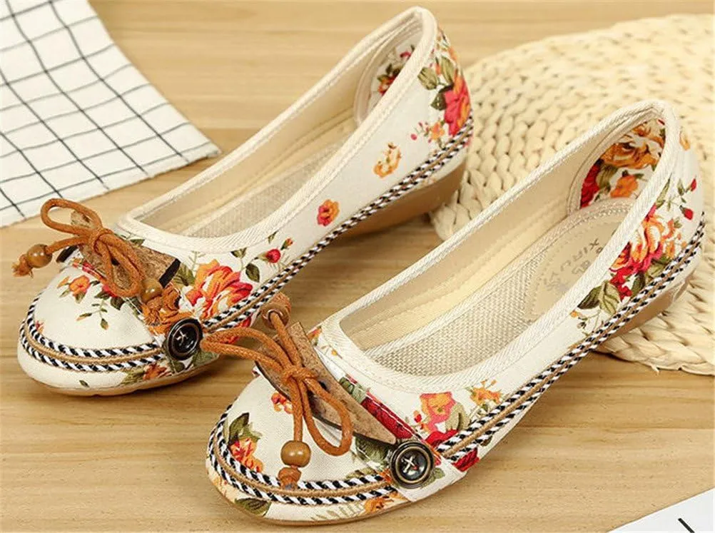 SATUKI Handmade Embroidered Shoes for Women, Slip-On Casual Loafer Flat Floral Canvas Shoes