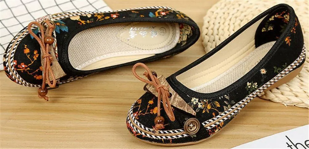 SATUKI Handmade Embroidered Shoes for Women, Slip-On Casual Loafer Flat Floral Canvas Shoes