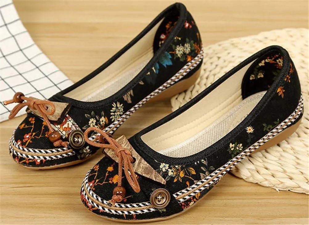 SATUKI Handmade Embroidered Shoes for Women, Slip-On Casual Loafer Flat Floral Canvas Shoes