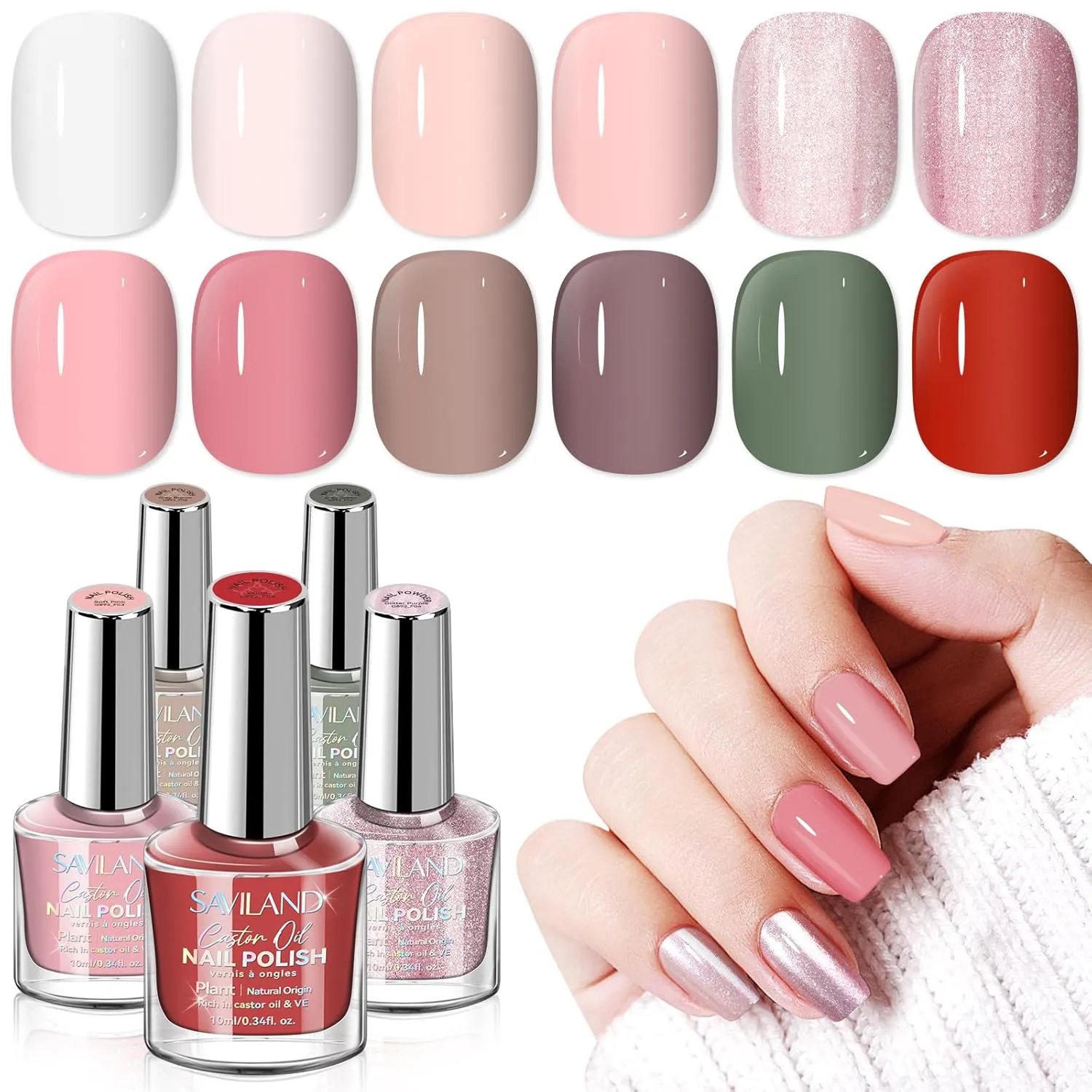 SAVILAND Nail Polish Set Fingernail: Quick Dry 12 Classic Trendy Colors Nail Polish Non Gel 0.34 oz Bulk Regular Nail Polish Kit with Base Top Polish Coat Castor Oil Toe Nail Lacquer Set for Women