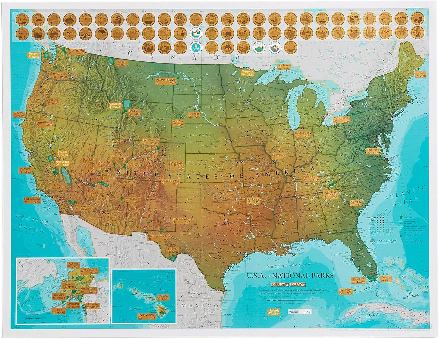 Scratch Off USA National Parks Map Poster - Ideal Gift for Outdoor Lovers or Explorers - 17 x 22 inches - Maps International
