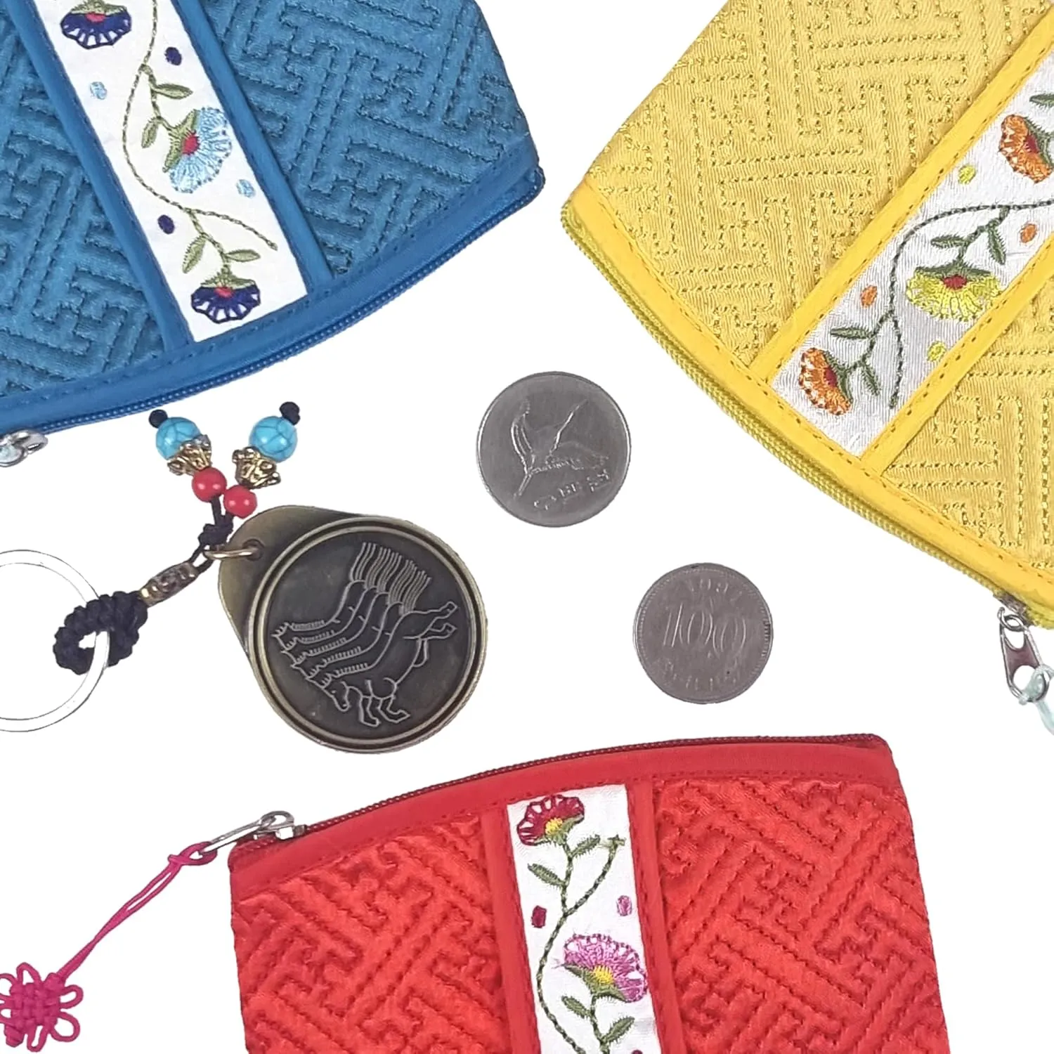 Seoulful Vintage Korean Embroidered Card Pouch - Wildflower Design Coin Purse with Butterfly Charm (Purple)
