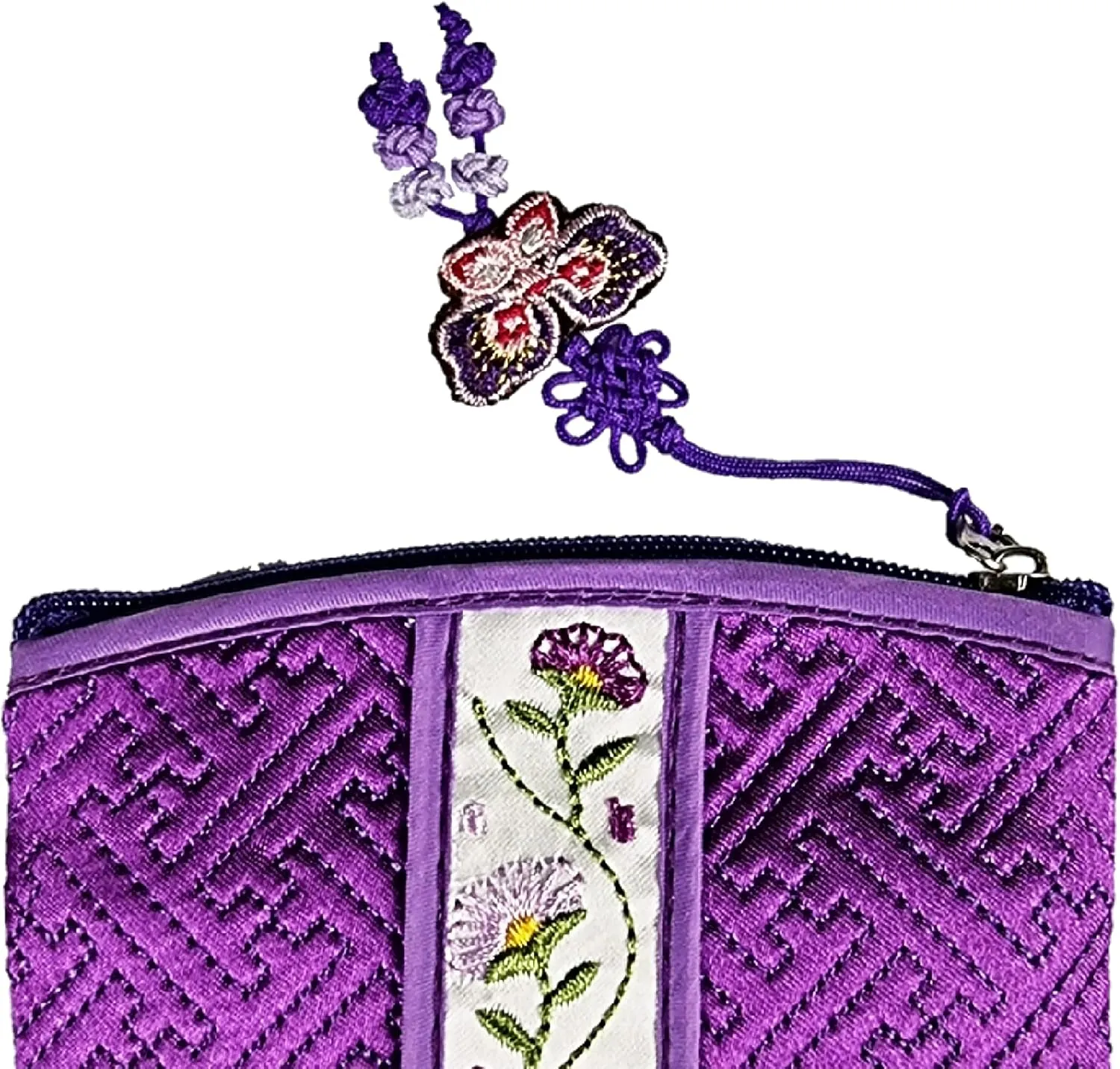 Seoulful Vintage Korean Embroidered Card Pouch - Wildflower Design Coin Purse with Butterfly Charm (Purple)