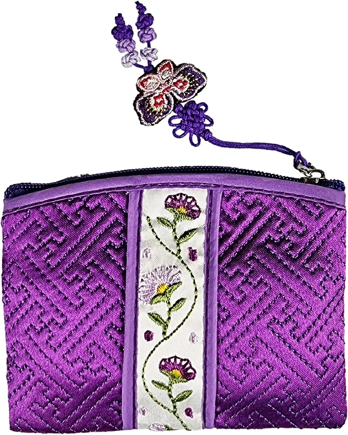 Seoulful Vintage Korean Embroidered Card Pouch - Wildflower Design Coin Purse with Butterfly Charm (Purple)