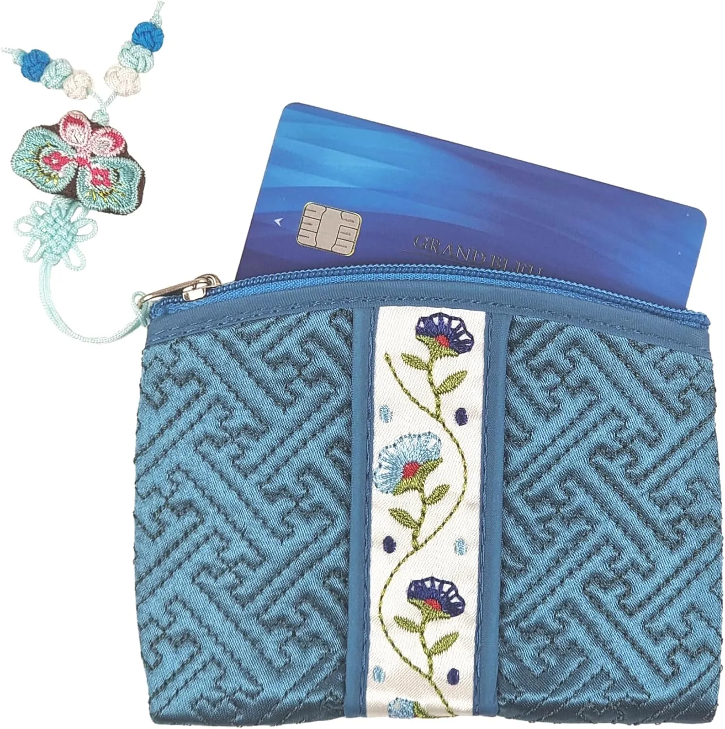 Seoulful Vintage Korean Embroidered Card Pouch - Wildflower Design Coin Purse with Butterfly Charm (Purple)