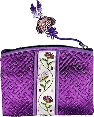 Seoulful Vintage Korean Embroidered Card Pouch - Wildflower Design Coin Purse with Butterfly Charm (Purple)