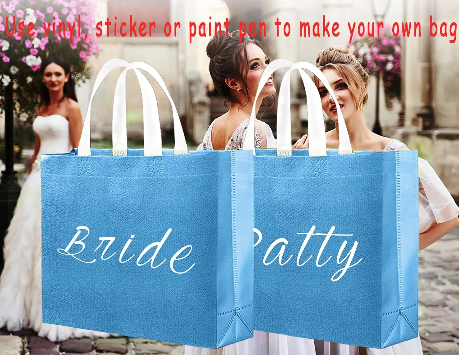 Set of 12 Glossy Reusable Grocery Bags with Handles - Bachelorette & Bridesmaid Gift Bags for Women - Blue