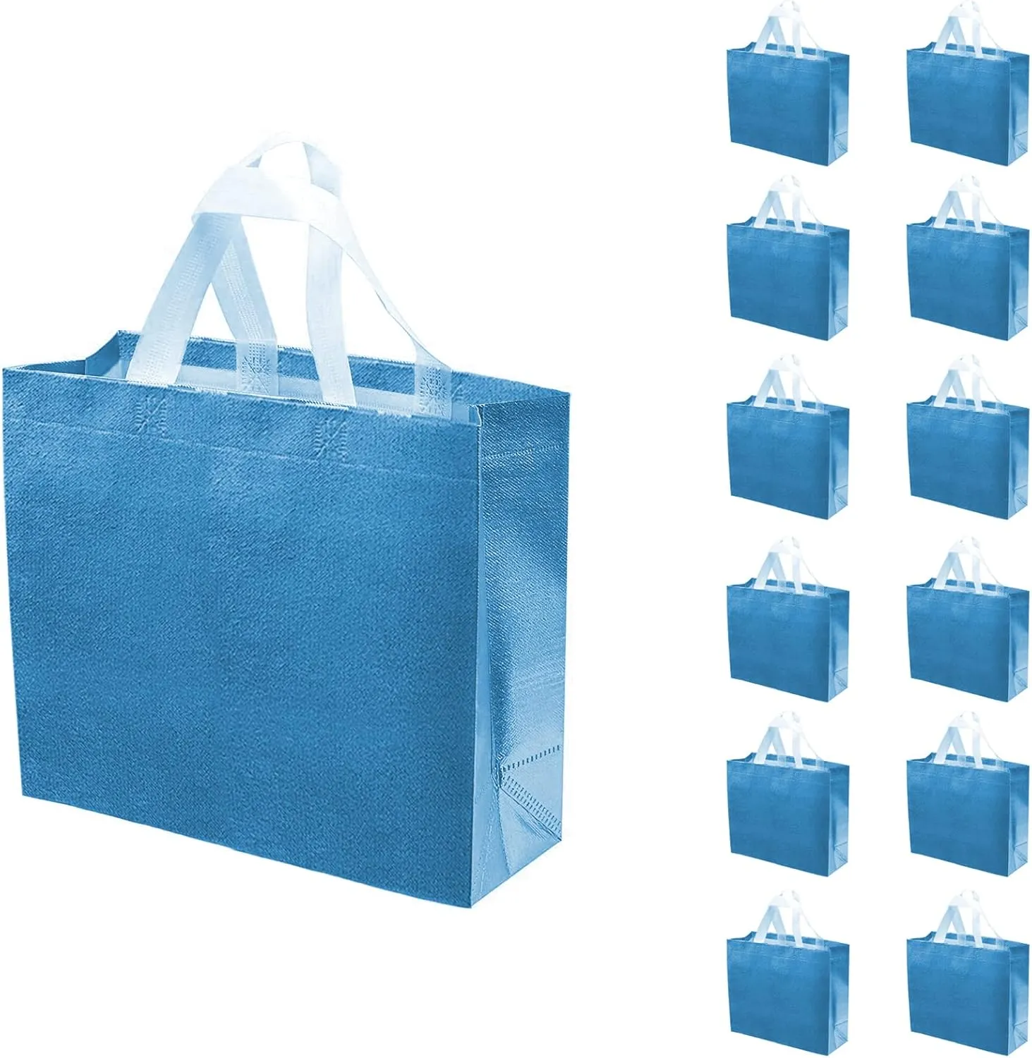 Set of 12 Glossy Reusable Grocery Bags with Handles - Bachelorette & Bridesmaid Gift Bags for Women - Blue