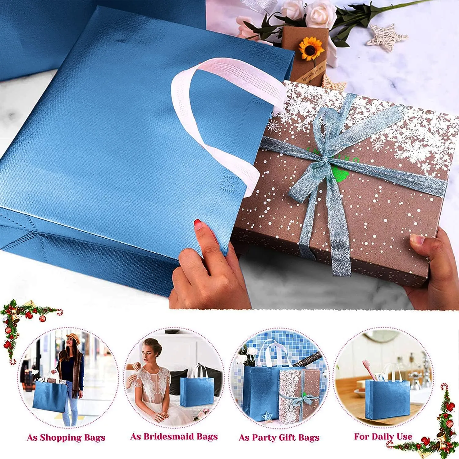 Set of 12 Glossy Reusable Grocery Bags with Handles - Bachelorette & Bridesmaid Gift Bags for Women - Blue