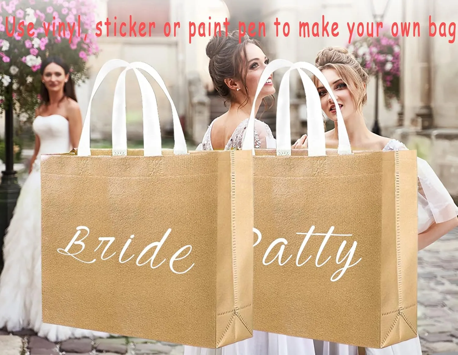 Set of 5 Glossy Reusable Grocery Bags with Handles - Bachelorette & Bridesmaid Gift Bags for Women - Birthday, Wedding, Mother's Day, Christmas - Gold