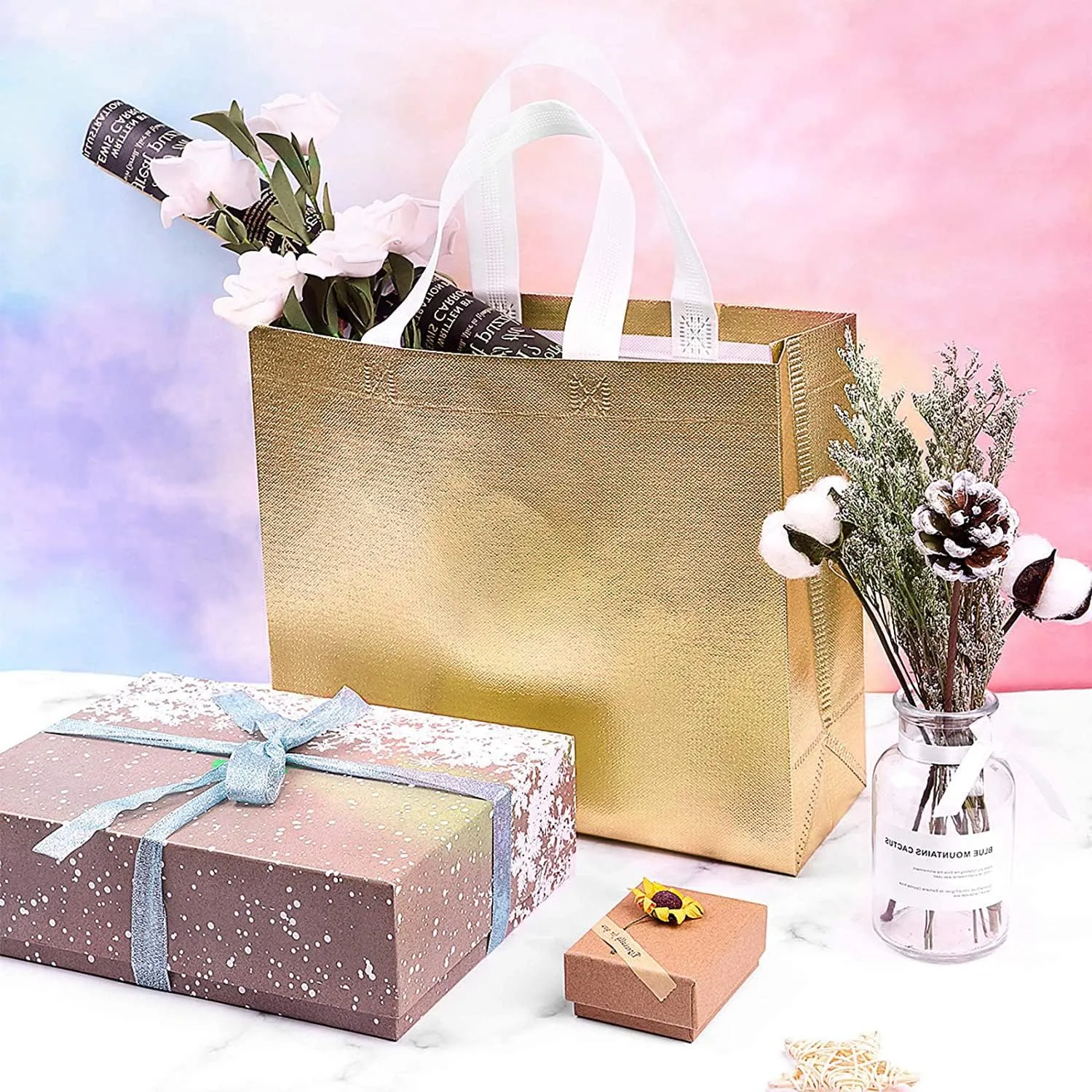 Set of 5 Glossy Reusable Grocery Bags with Handles - Bachelorette & Bridesmaid Gift Bags for Women - Birthday, Wedding, Mother's Day, Christmas - Gold