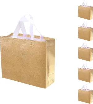 Set of 5 Glossy Reusable Grocery Bags with Handles - Bachelorette & Bridesmaid Gift Bags for Women - Birthday, Wedding, Mother's Day, Christmas - Gold