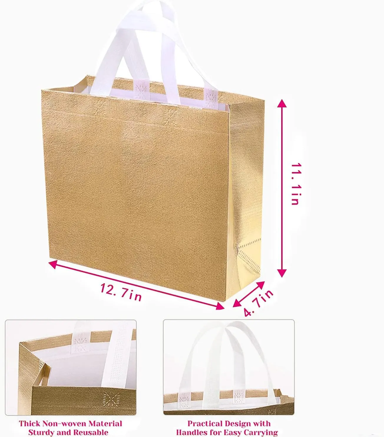 Set of 5 Glossy Reusable Grocery Bags with Handles - Bachelorette & Bridesmaid Gift Bags for Women - Birthday, Wedding, Mother's Day, Christmas - Gold