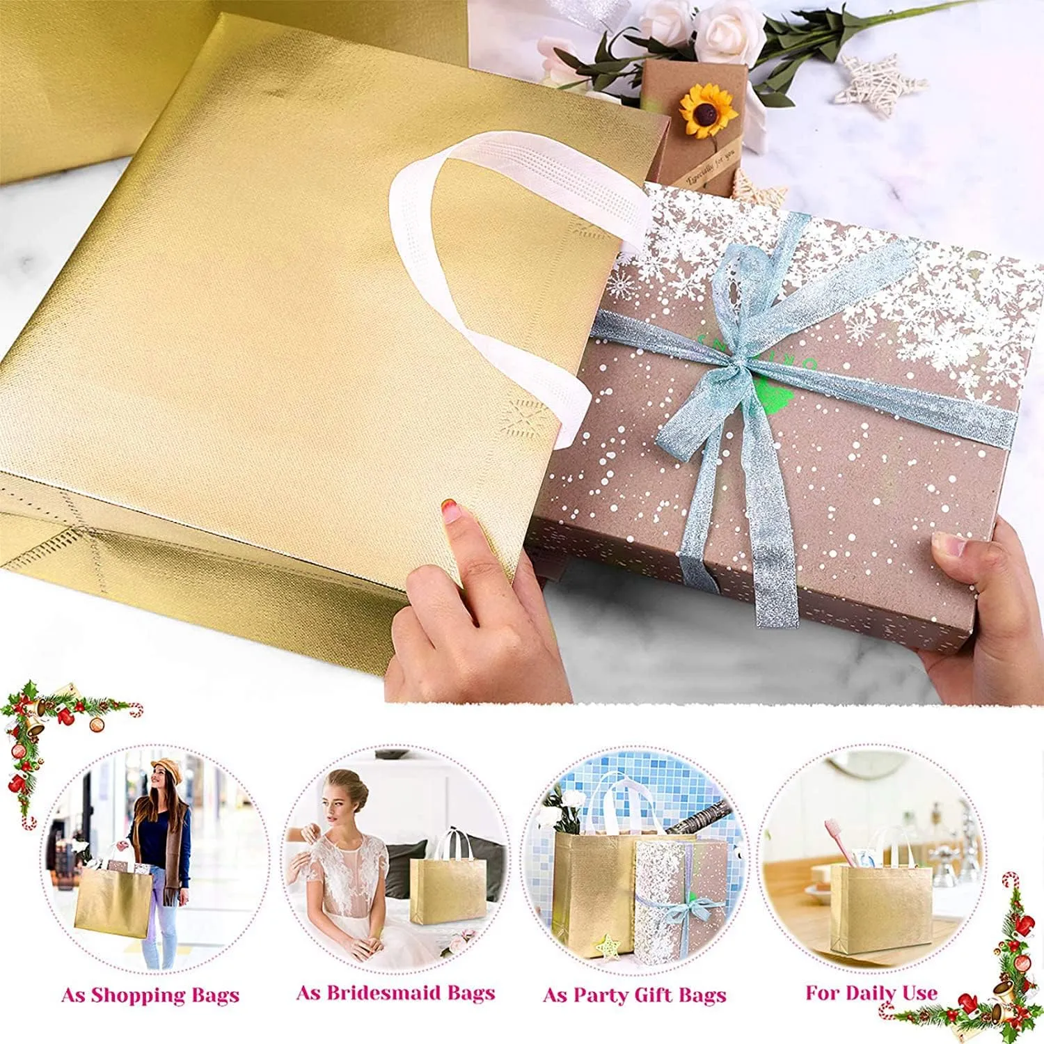 Set of 5 Glossy Reusable Grocery Bags with Handles - Bachelorette & Bridesmaid Gift Bags for Women - Birthday, Wedding, Mother's Day, Christmas - Gold