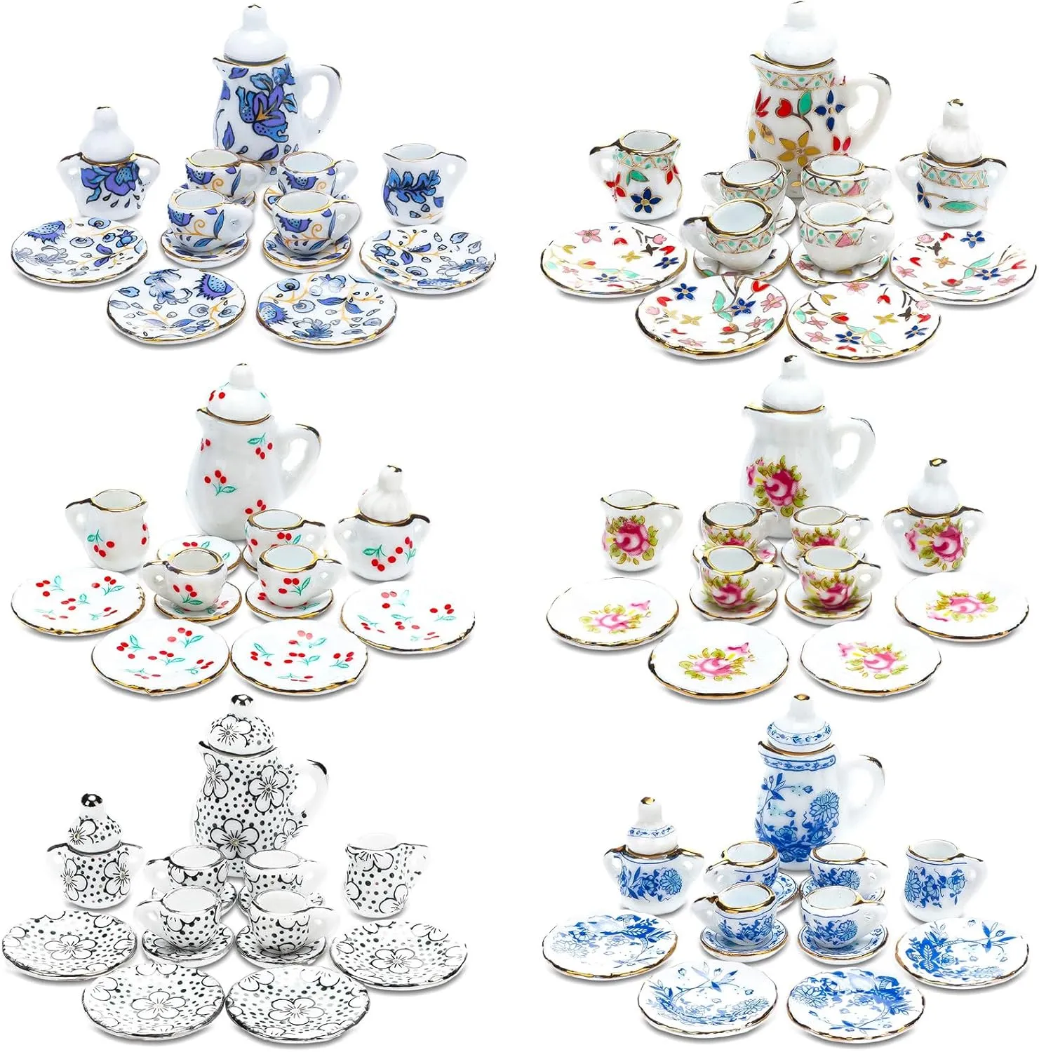 Shappy 90 Pcs 1:12 Scale Miniature Dollhouse Porcelain Floral Tea Cup Set Includes Mini Flower Pattern Teapot Cup Plates for Dollhouse Kitchen Accessories Miniature Supplies