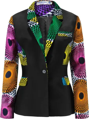 SHENBOLEN Women African Print Coat Notched Lapel Pocket Blazer Jacket