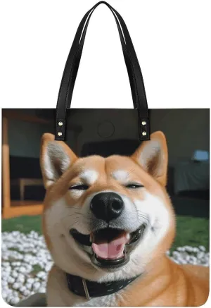 Shiba Inu Smile Tongue Out Leather Handbags Crossbody Bags for Women Trendy Vegan Purses Shoulder Handbags with Wide Shoulder Strap And Zipper