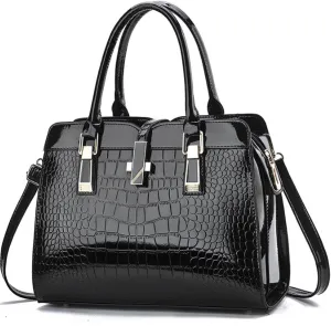 Shiny Patent Leather Handbag for Women Purse Crocodile Pattern Top-Handle Satchel Ladies Shoulder Bag Tote
