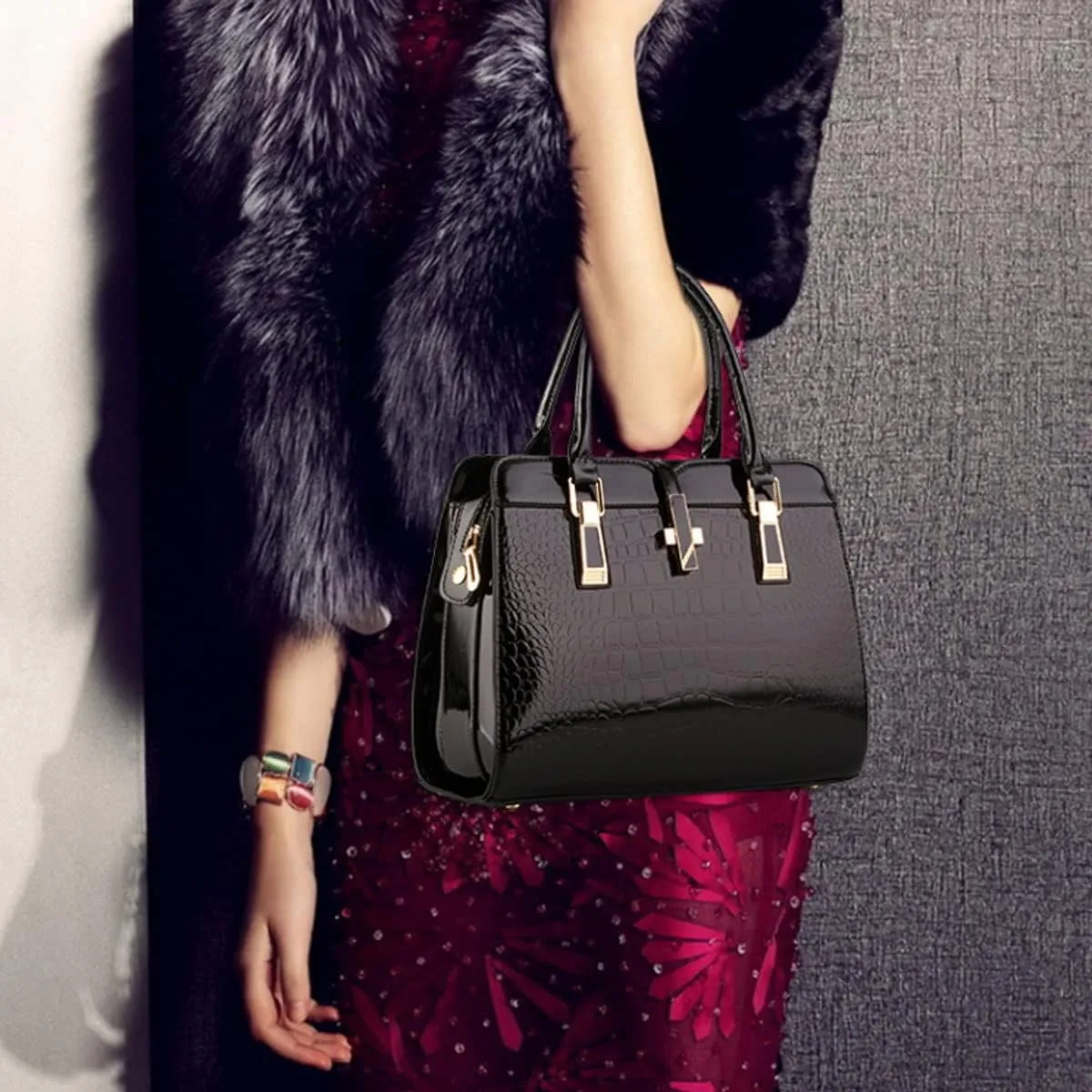 Shiny Patent Leather Handbag for Women Purse Crocodile Pattern Top-Handle Satchel Ladies Shoulder Bag Tote
