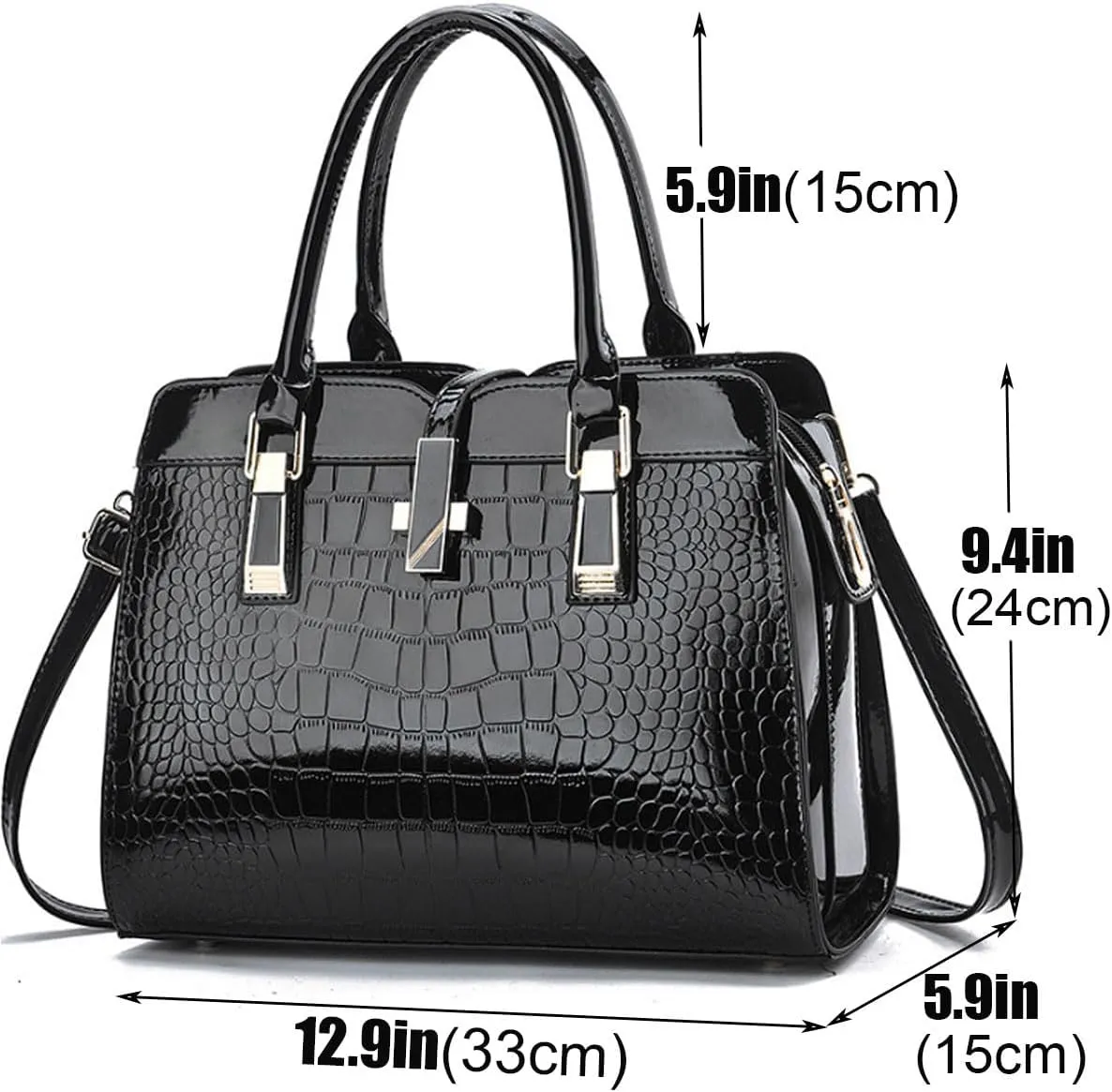Shiny Patent Leather Handbag for Women Purse Crocodile Pattern Top-Handle Satchel Ladies Shoulder Bag Tote