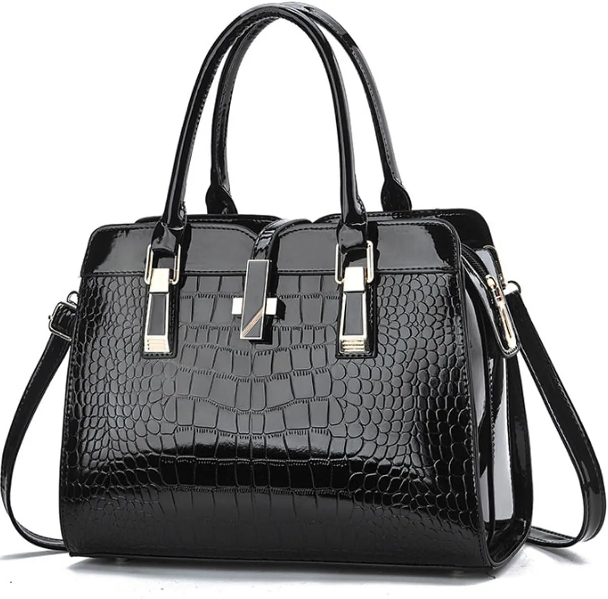 Shiny Patent Leather Handbag for Women Purse Crocodile Pattern Top-Handle Satchel Ladies Shoulder Bag Tote