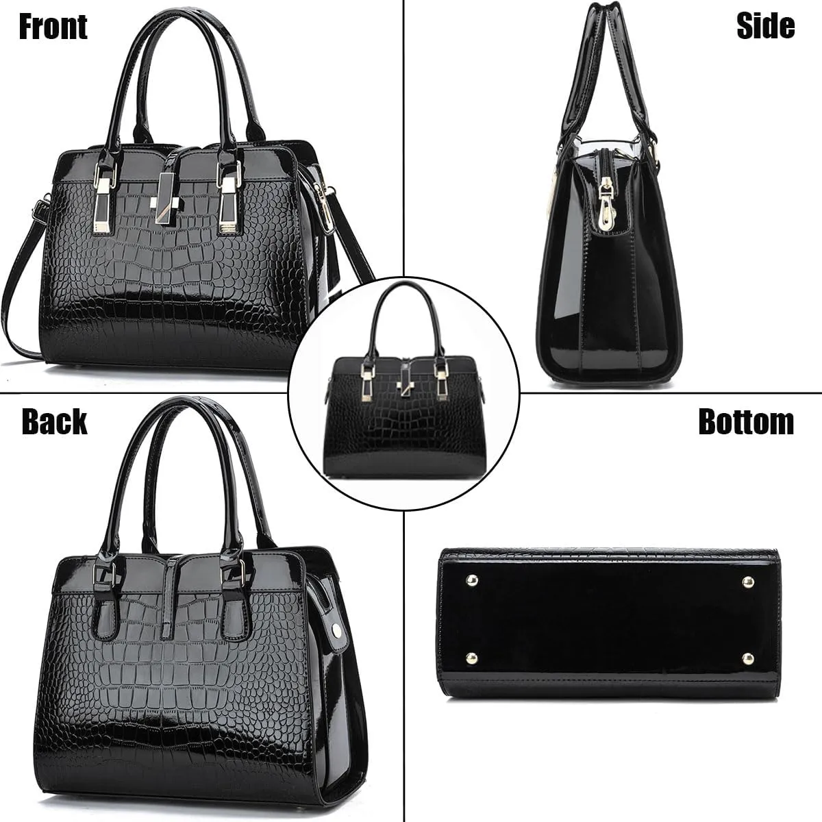 Shiny Patent Leather Handbag for Women Purse Crocodile Pattern Top-Handle Satchel Ladies Shoulder Bag Tote
