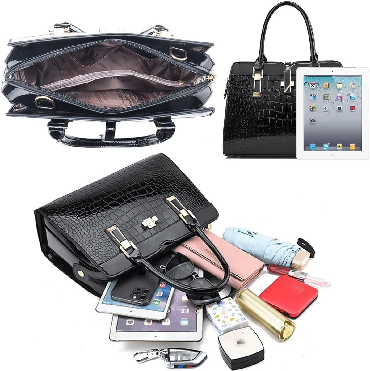 Shiny Patent Leather Handbag for Women Purse Crocodile Pattern Top-Handle Satchel Ladies Shoulder Bag Tote