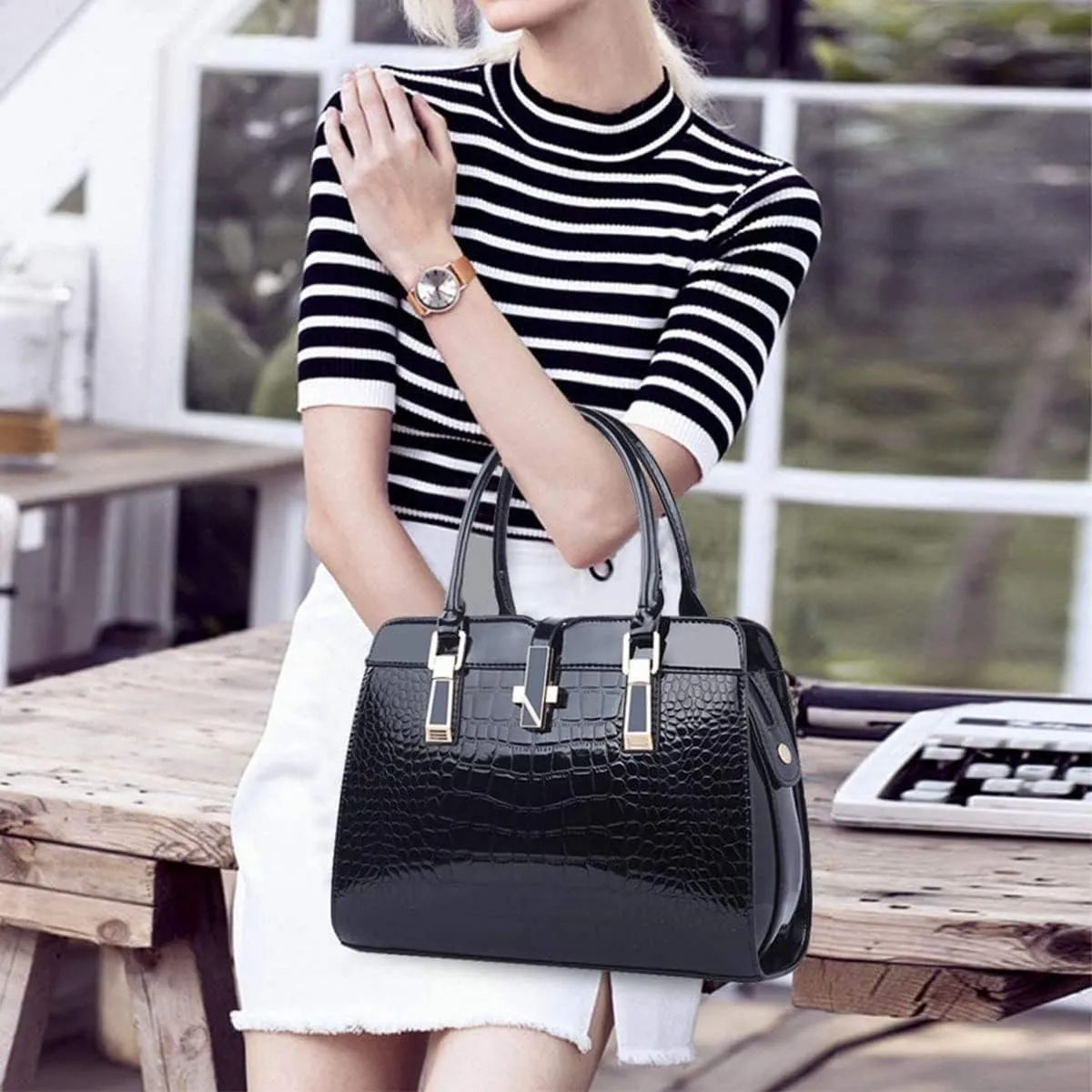 Shiny Patent Leather Handbag for Women Purse Crocodile Pattern Top-Handle Satchel Ladies Shoulder Bag Tote