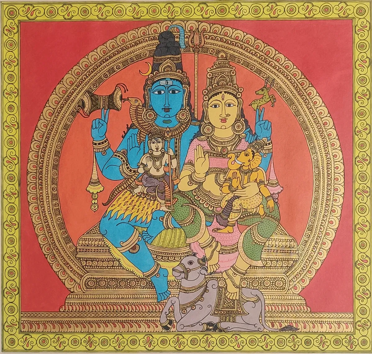 Shiva and Parvati Family Portrait in Kalamkari by Harinath N