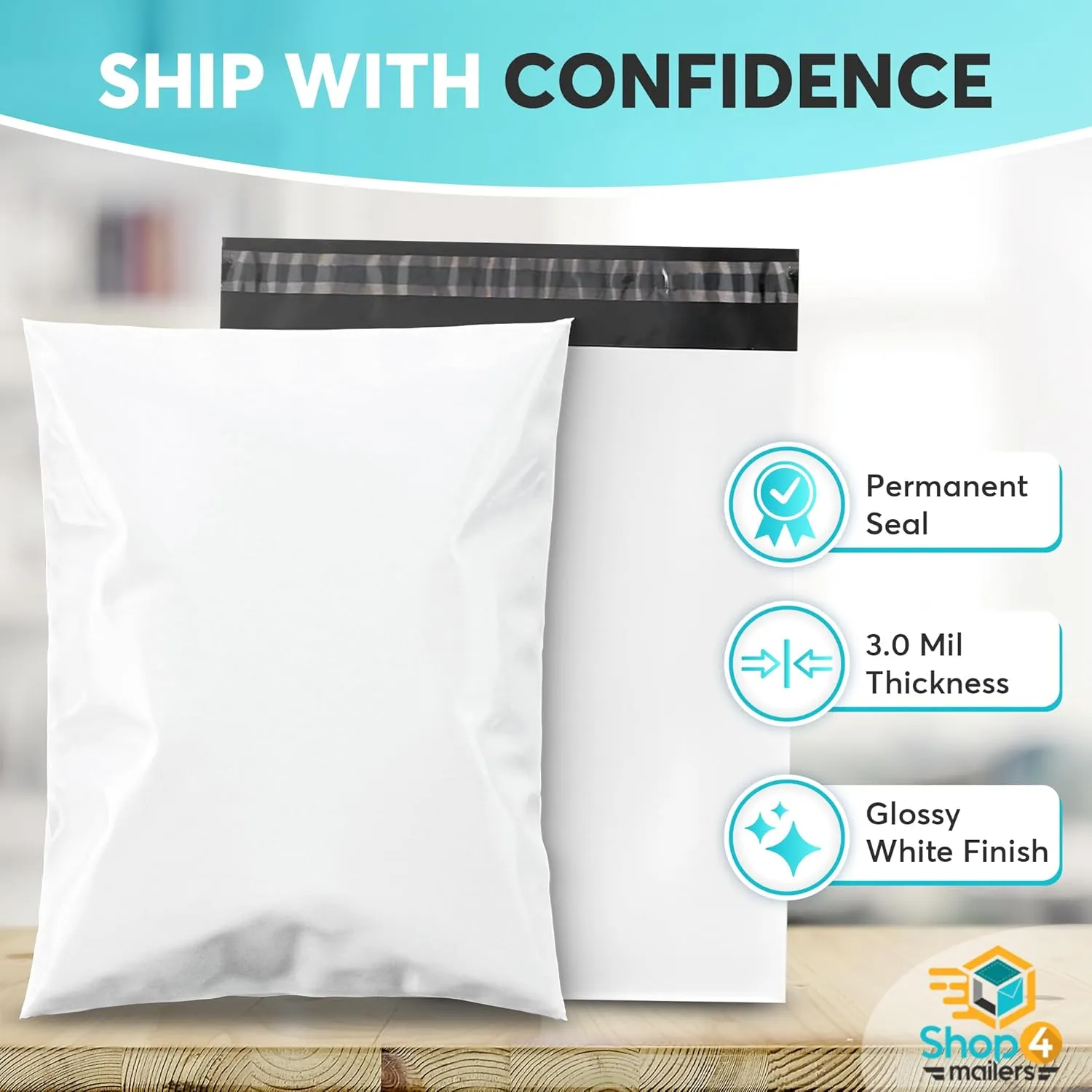 Shop4Mailers 12x15.5 3 Mil Heavy Duty Thick Large Shipping Poly Mailer Bags, Waterproof and Tear-Resistant Postal Package Envelopes, Permanent Adhesive Seal (500 Pack)