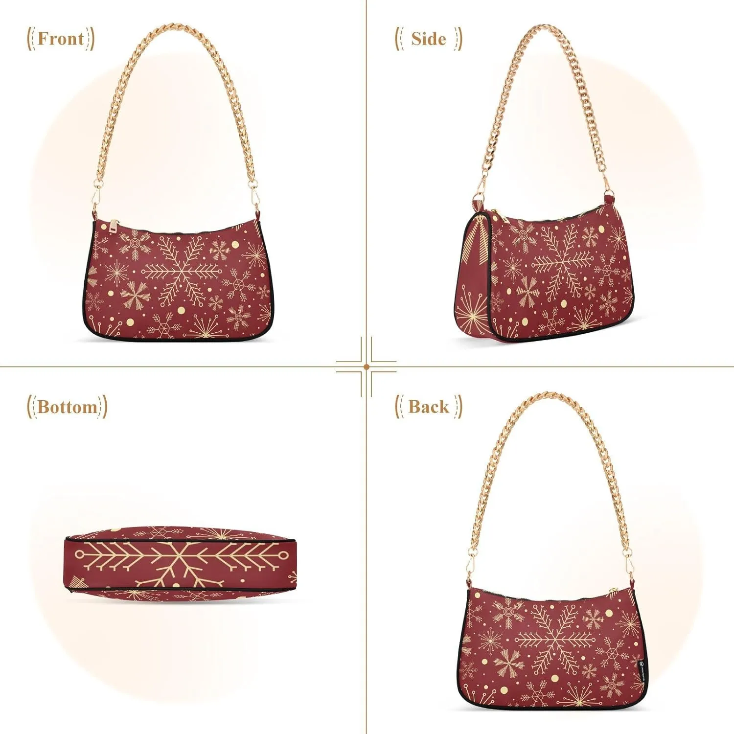 Shoulder Bags for Women, Christmas Gold Snowflake Hobo Tote Handbag wallet Mini Purse with Zipper
