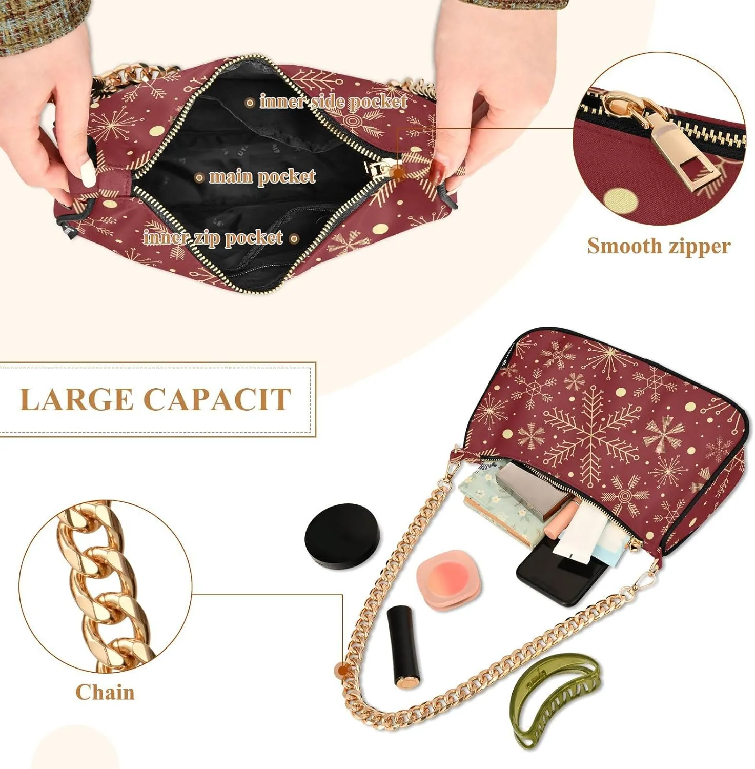Shoulder Bags for Women, Christmas Gold Snowflake Hobo Tote Handbag wallet Mini Purse with Zipper