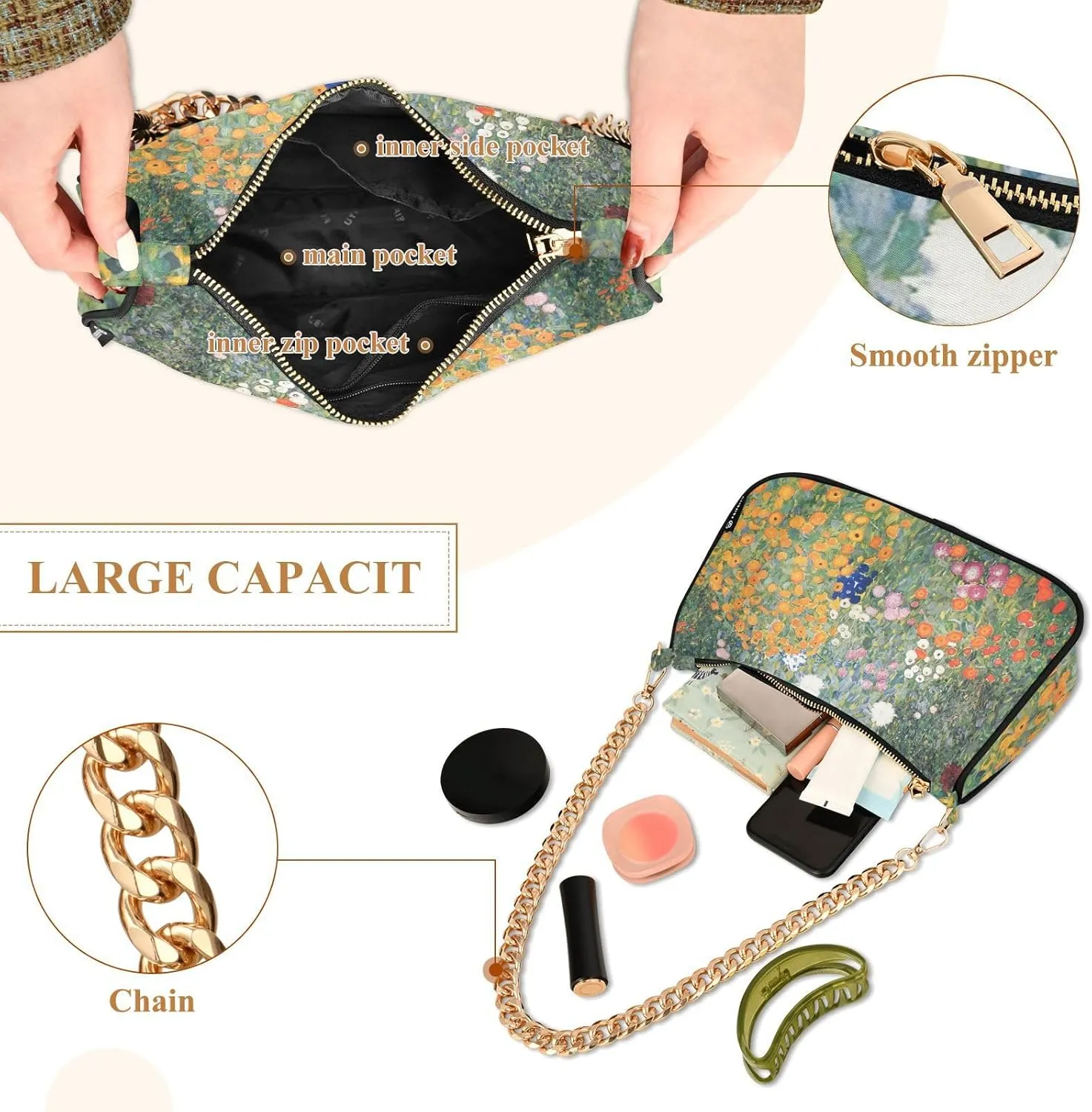 Shoulder Bags for Women, Gustav Klimt Flower Garden Hobo Tote Handbag wallet Mini Purse with Zipper