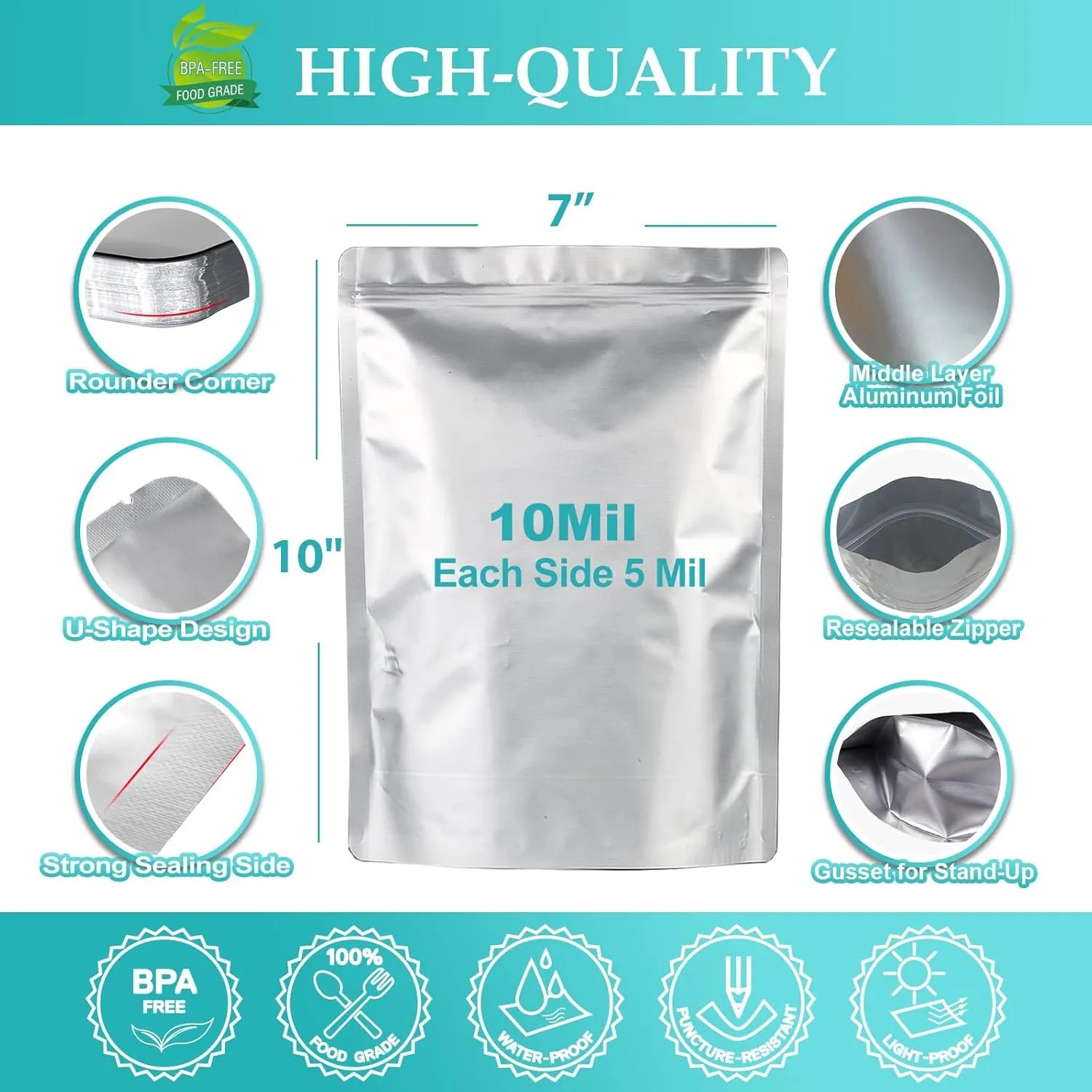 SHXWELL 50pcs 1 Quart Mylar Bags for Food Storage with Oxygen Absorbers 300CC (6 Packs of 10pcs) and Labels, 10 Mil 7"x10" Zipper Pouches Resealable and Heat Sealable for Long Term Food Storage