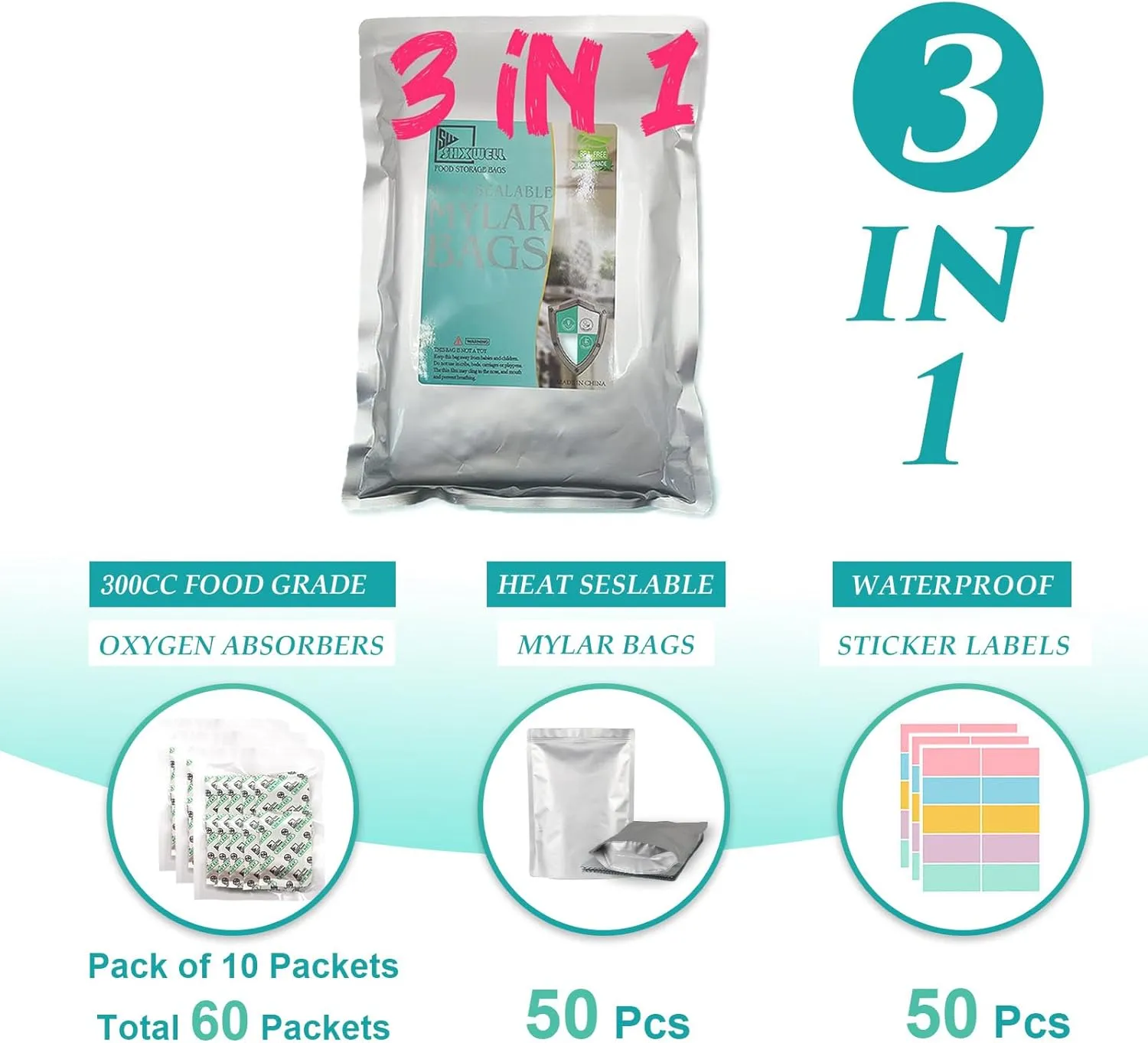 SHXWELL 50pcs 1 Quart Mylar Bags for Food Storage with Oxygen Absorbers 300CC (6 Packs of 10pcs) and Labels, 10 Mil 7"x10" Zipper Pouches Resealable and Heat Sealable for Long Term Food Storage