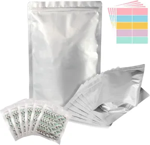 SHXWELL 50pcs 1 Quart Mylar Bags for Food Storage with Oxygen Absorbers 300CC (6 Packs of 10pcs) and Labels, 10 Mil 7"x10" Zipper Pouches Resealable and Heat Sealable for Long Term Food Storage