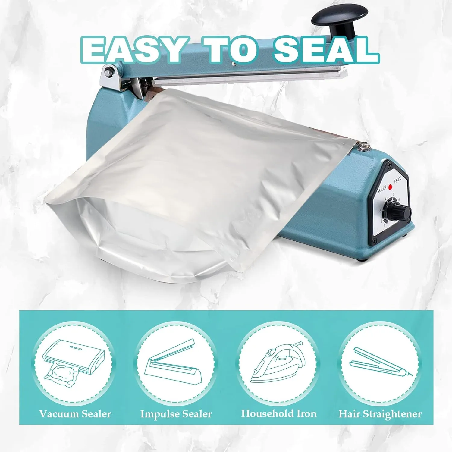 SHXWELL 50pcs 1 Quart Mylar Bags for Food Storage with Oxygen Absorbers 300CC (6 Packs of 10pcs) and Labels, 10 Mil 7"x10" Zipper Pouches Resealable and Heat Sealable for Long Term Food Storage