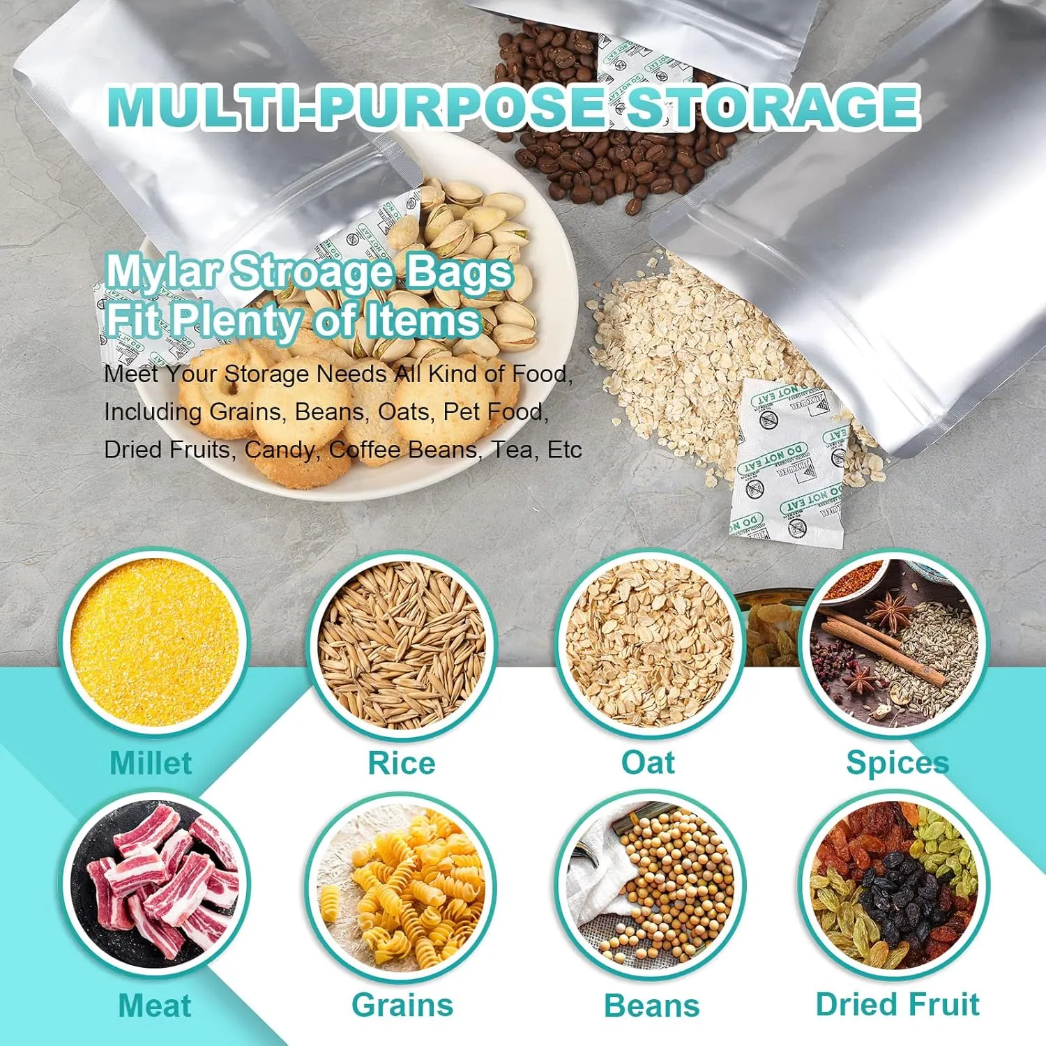 SHXWELL 50pcs 1 Quart Mylar Bags for Food Storage with Oxygen Absorbers 300CC (6 Packs of 10pcs) and Labels, 10 Mil 7"x10" Zipper Pouches Resealable and Heat Sealable for Long Term Food Storage