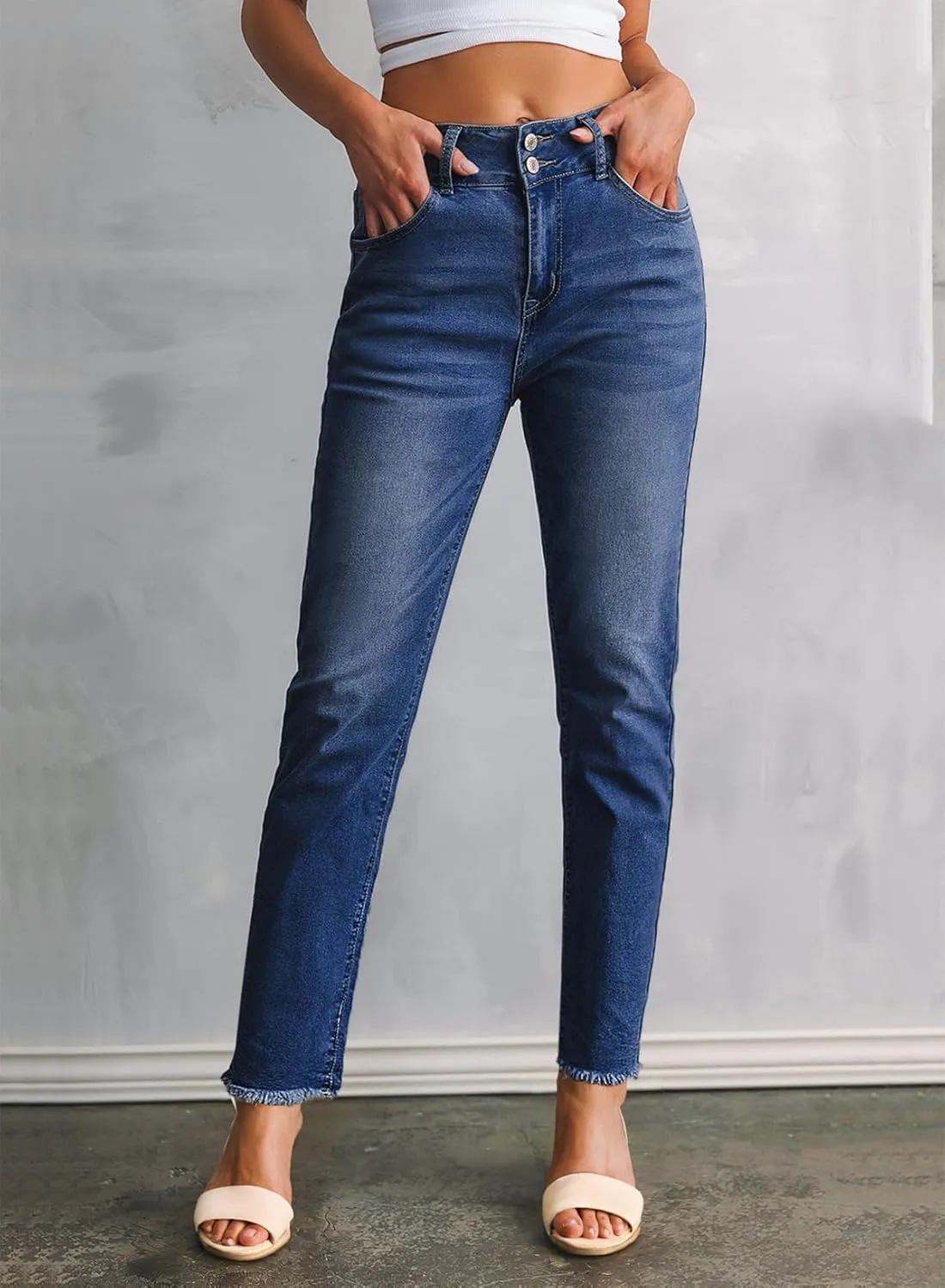 Sidefeel Women's High Waisted Jeans Strechy Fashion Raw Hem Straight Leg Ankle Denim Pants with Pockets