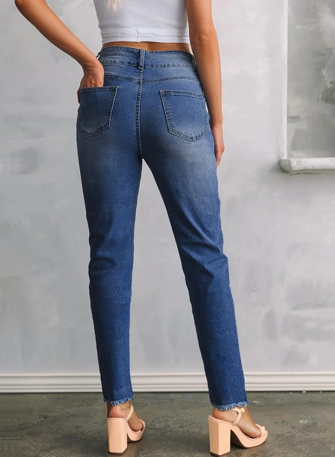 Sidefeel Women's High Waisted Jeans Strechy Fashion Raw Hem Straight Leg Ankle Denim Pants with Pockets
