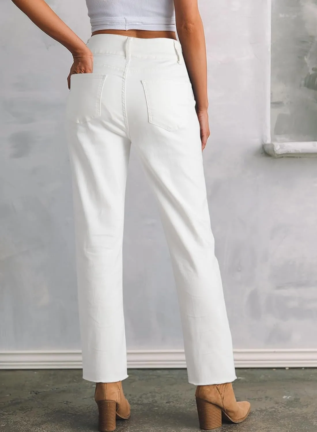 Sidefeel Women's High Waisted Jeans Strechy Spring Fashion Raw Hem Straight Leg Ankle Denim Pants with Pockets