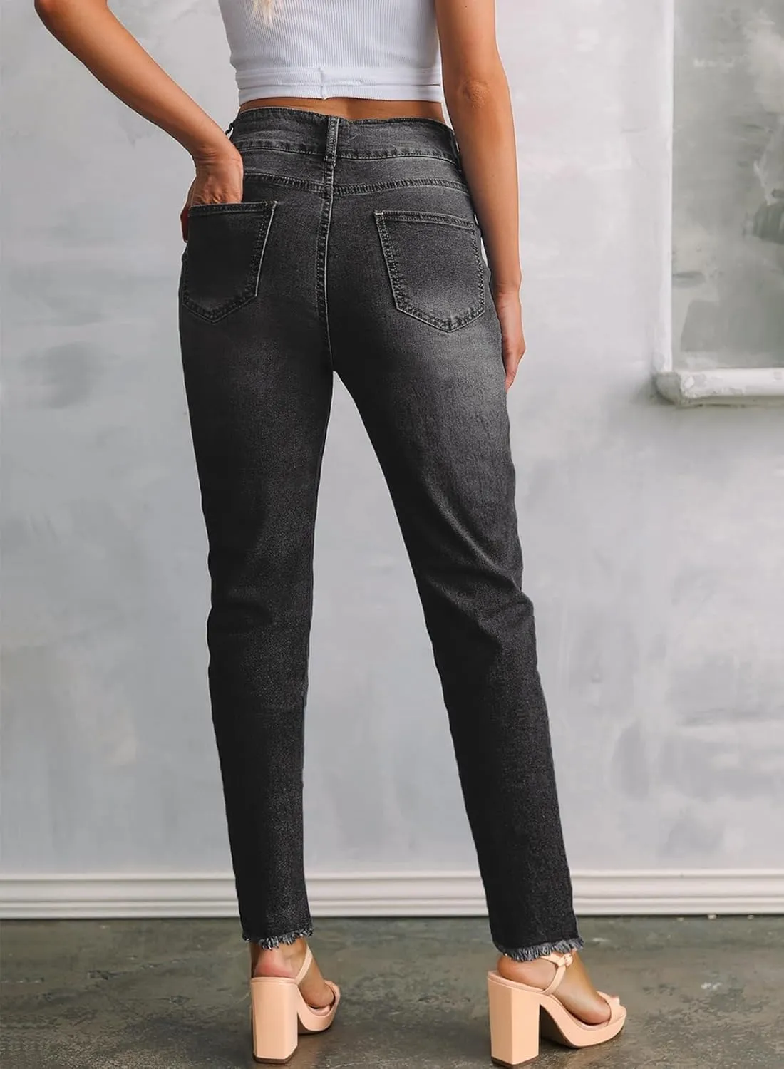 Sidefeel Women's High Waisted Jeans Strechy Spring Fashion Raw Hem Straight Leg Ankle Denim Pants with Pockets