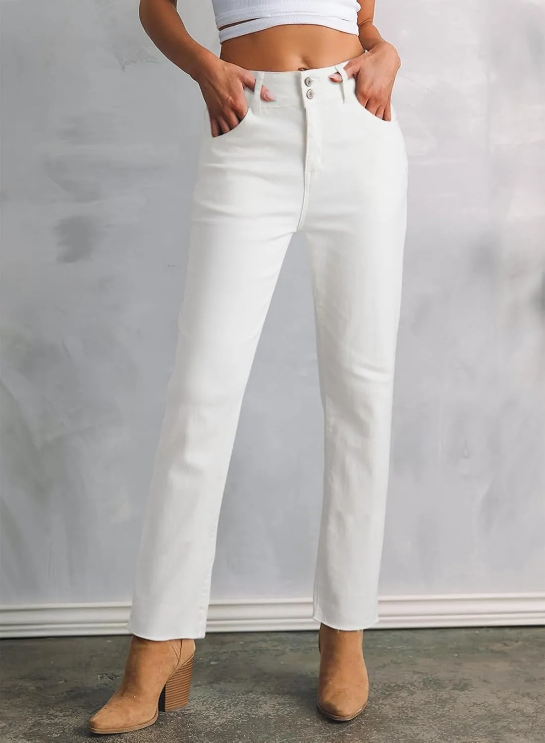 Sidefeel Women's High Waisted Jeans Strechy Spring Fashion Raw Hem Straight Leg Ankle Denim Pants with Pockets